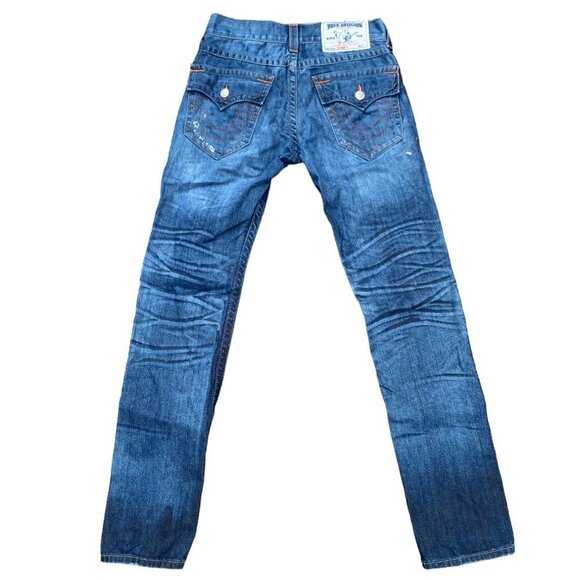 True Religion Jeans Size 30 TRASHED Orange Stitch Denim Blue - Picture 2 of 8